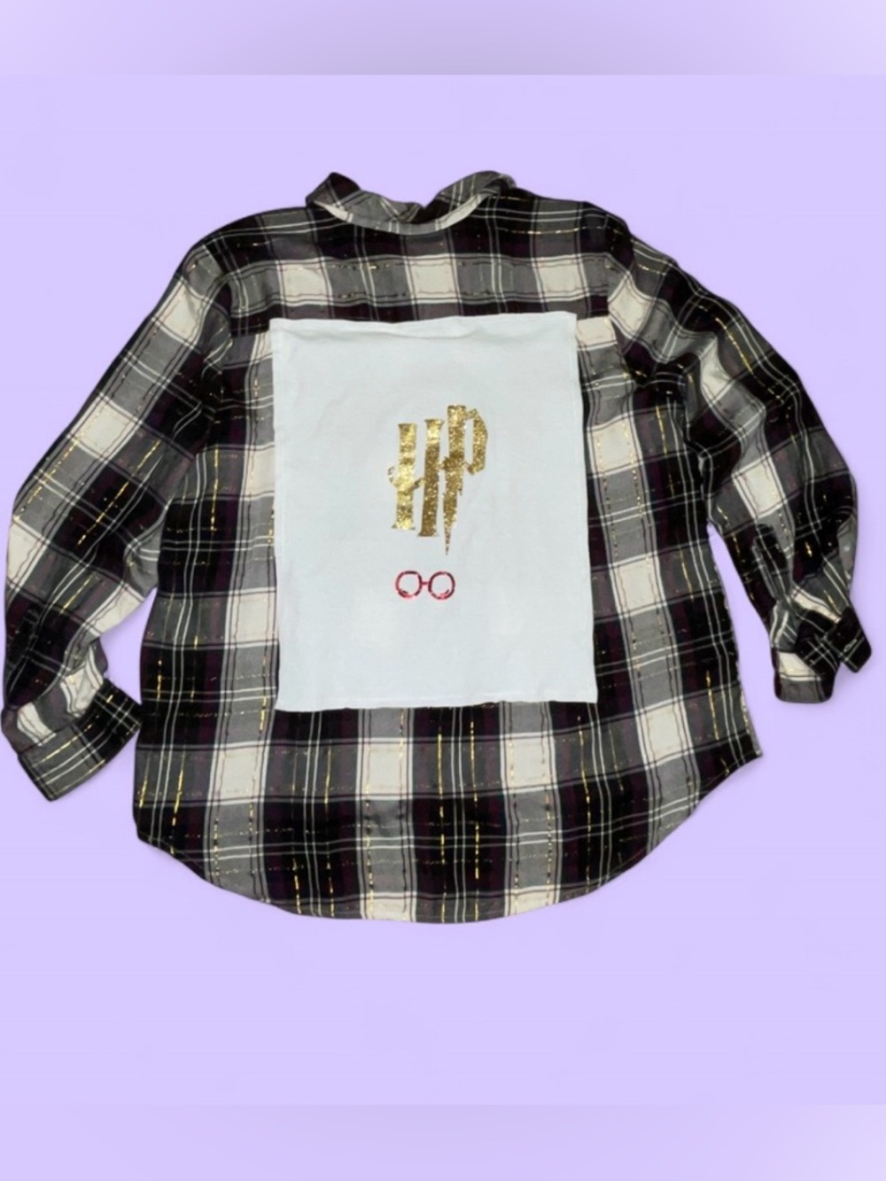 Upcycled Style & Co. Gold Metallic Plaid Harry PotterButton-Front Blouse